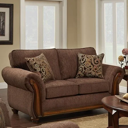 Traditional Love Seat with Exposed Wood Trim